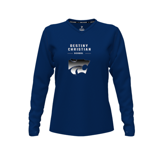 [CUS-DFW-TEES-CMF-VNK-LSL-NVY-FYXS-LOGO1] Comfort T-Shirt (Female Youth XS, Navy, V Neck, Logo 1, Long Sleeve)