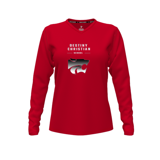[CUS-DFW-TEES-CMF-VNK-LSL-RED-FYXS-LOGO1] Comfort T-Shirt (Female Youth XS, Red, V Neck, Logo 1, Long Sleeve)