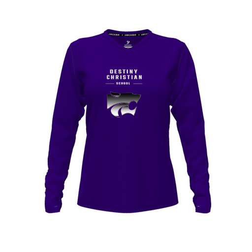 [CUS-DFW-TEES-PER-VNK-LSL-PUR-FYXS-LOGO1] Performance T-Shirt (Female Youth XS, Purple, V Neck, Logo 1, Long Sleeve)